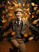 Foto von emotional dynamisch Pose asiatisch Mann im Herbst ai generativ