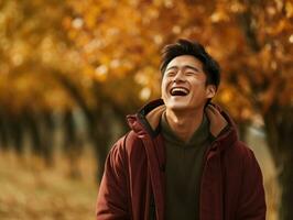 Foto von emotional dynamisch Pose asiatisch Mann im Herbst ai generativ