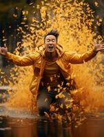 Foto von emotional dynamisch Pose asiatisch Mann im Herbst ai generativ