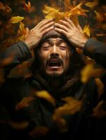 Foto von emotional dynamisch Pose asiatisch Mann im Herbst ai generativ