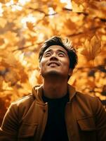 Foto von emotional dynamisch Pose asiatisch Mann im Herbst ai generativ