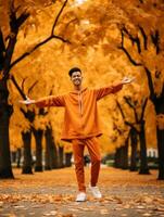 Foto von emotional dynamisch Pose asiatisch Mann im Herbst ai generativ