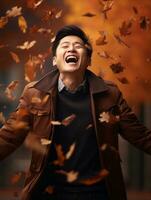 Foto von emotional dynamisch Pose asiatisch Mann im Herbst ai generativ