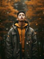 Foto von emotional dynamisch Pose asiatisch Mann im Herbst ai generativ