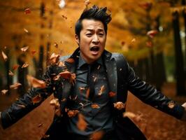 Foto von emotional dynamisch Pose asiatisch Mann im Herbst ai generativ