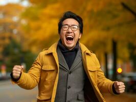 Foto von emotional dynamisch Pose asiatisch Mann im Herbst ai generativ