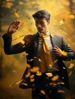 Foto von emotional dynamisch Pose asiatisch Mann im Herbst ai generativ