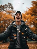 Foto von emotional dynamisch Pose asiatisch Mann im Herbst ai generativ