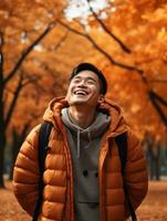 Foto von emotional dynamisch Pose asiatisch Mann im Herbst ai generativ