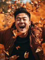 Foto von emotional dynamisch Pose asiatisch Mann im Herbst ai generativ