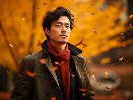 Foto von emotional dynamisch Pose asiatisch Mann im Herbst ai generativ