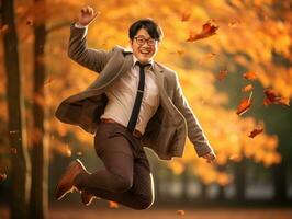 Foto von emotional dynamisch Pose asiatisch Mann im Herbst ai generativ