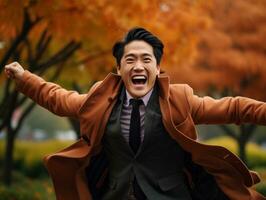 Foto von emotional dynamisch Pose asiatisch Mann im Herbst ai generativ