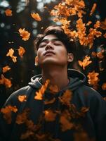 Foto von emotional dynamisch Pose asiatisch Mann im Herbst ai generativ