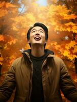 Foto von emotional dynamisch Pose asiatisch Mann im Herbst ai generativ