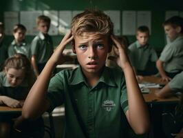 Foto von emotional dynamisch Pose brasilianisch Kind im Schule ai generativ