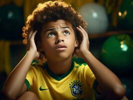 Foto von emotional dynamisch Pose brasilianisch Kind im Schule ai generativ