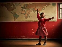 Foto von emotional dynamisch Pose brasilianisch Kind im Schule ai generativ