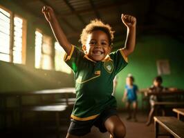 Foto von emotional dynamisch Pose brasilianisch Kind im Schule ai generativ