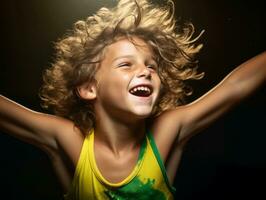 Foto von emotional dynamisch Pose brasilianisch Kind im Schule ai generativ