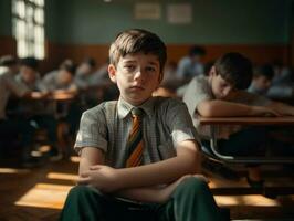 Foto von emotional dynamisch Pose brasilianisch Kind im Schule ai generativ