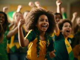 Foto von emotional dynamisch Pose brasilianisch Kind im Schule ai generativ