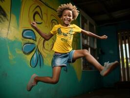 Foto von emotional dynamisch Pose brasilianisch Kind im Schule ai generativ