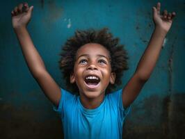 Foto von emotional dynamisch Pose brasilianisch Kind im Schule ai generativ