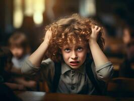 Foto von emotional dynamisch Pose brasilianisch Kind im Schule ai generativ