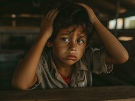 Foto von emotional dynamisch Pose brasilianisch Kind im Schule ai generativ