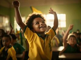 Foto von emotional dynamisch Pose brasilianisch Kind im Schule ai generativ