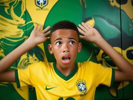 Foto von emotional dynamisch Pose brasilianisch Kind im Schule ai generativ