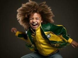 Foto von emotional dynamisch Pose brasilianisch Kind im Schule ai generativ