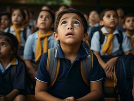 Foto von emotional dynamisch Pose brasilianisch Kind im Schule ai generativ