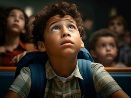 Foto von emotional dynamisch Pose brasilianisch Kind im Schule ai generativ