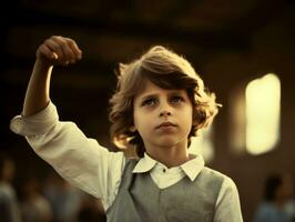 Foto von emotional dynamisch Pose brasilianisch Kind im Schule ai generativ