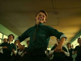 Foto von emotional dynamisch Pose brasilianisch Kind im Schule ai generativ