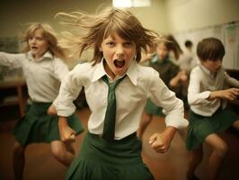 Foto von emotional dynamisch Pose brasilianisch Kind im Schule ai generativ