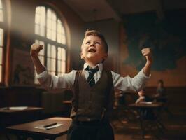 Foto von emotional dynamisch Pose europäisch Kind im Schule ai generativ