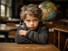 Foto von emotional dynamisch Pose europäisch Kind im Schule ai generativ