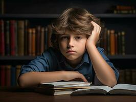 Foto von emotional dynamisch Pose europäisch Kind im Schule ai generativ