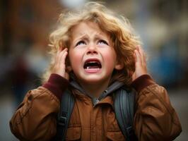 Foto von emotional dynamisch Pose europäisch Kind im Schule ai generativ