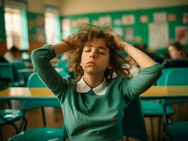 Foto von emotional dynamisch Pose europäisch Kind im Schule ai generativ