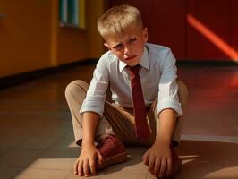 Foto von emotional dynamisch Pose europäisch Kind im Schule ai generativ