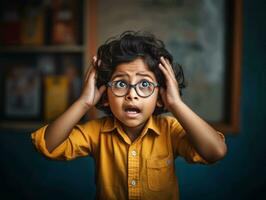 Foto von emotional dynamisch Pose indisch Kind im Schule ai generativ