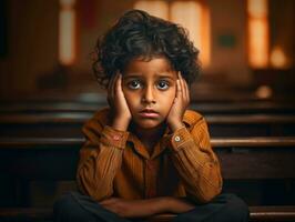 Foto von emotional dynamisch Pose indisch Kind im Schule ai generativ