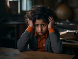Foto von emotional dynamisch Pose indisch Kind im Schule ai generativ