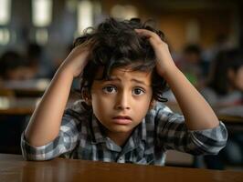 Foto von emotional dynamisch Pose indisch Kind im Schule ai generativ