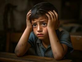 Foto von emotional dynamisch Pose Mexikaner Kind im Schule ai generativ