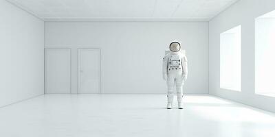 ai generiert. ai generativ. Astronaut im Weiß leeren Zimmer. minimal Raum Abenteuer passen Sicht. Grafik Kunst foto